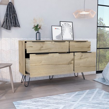 TUHOME Augusta Double Dresser, Superior Top, Hairpin Legs, Four Drawers, Light Oak CLD7039